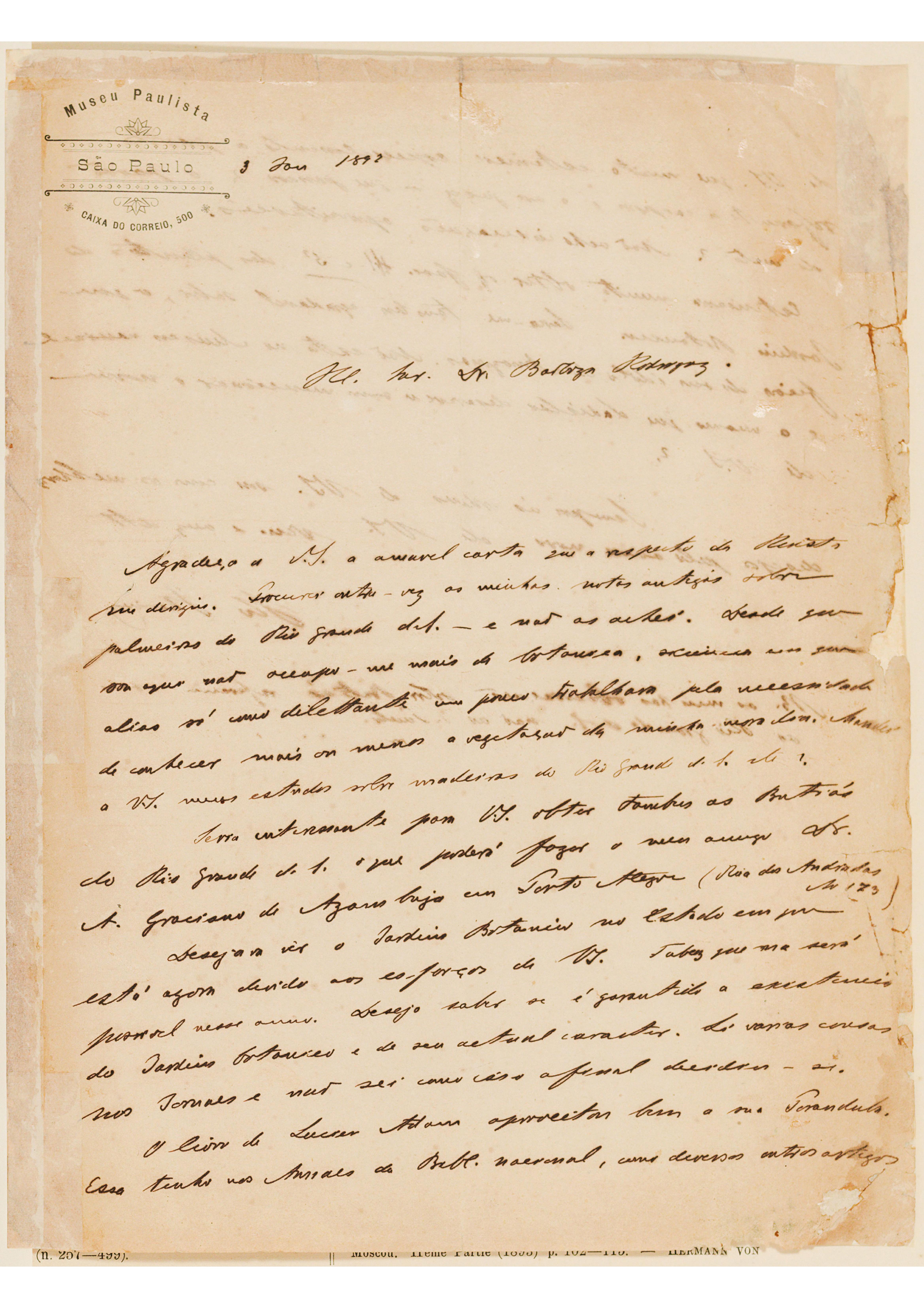 [Carta de H. Ihering a João Barbosa Rodrigues, escrita em 3 de janeiro de 1892]