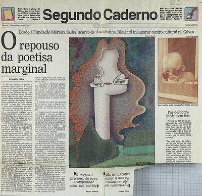 Recorte de notícia intitulada "O repouso da poetisa marginal" sobre o  arquivo da Ana Cristina Cesar