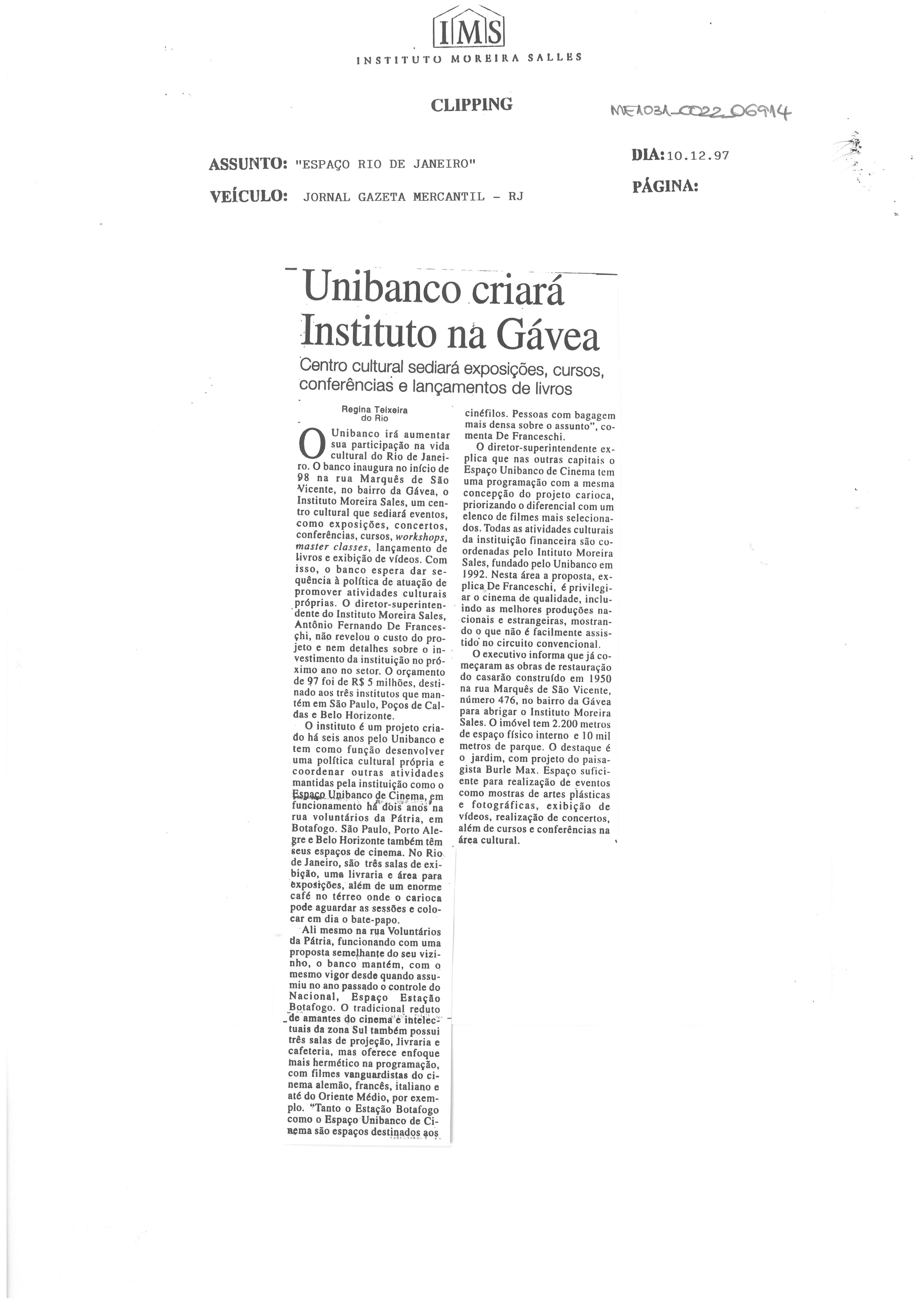 Unibanco criará Instituto na Gávea