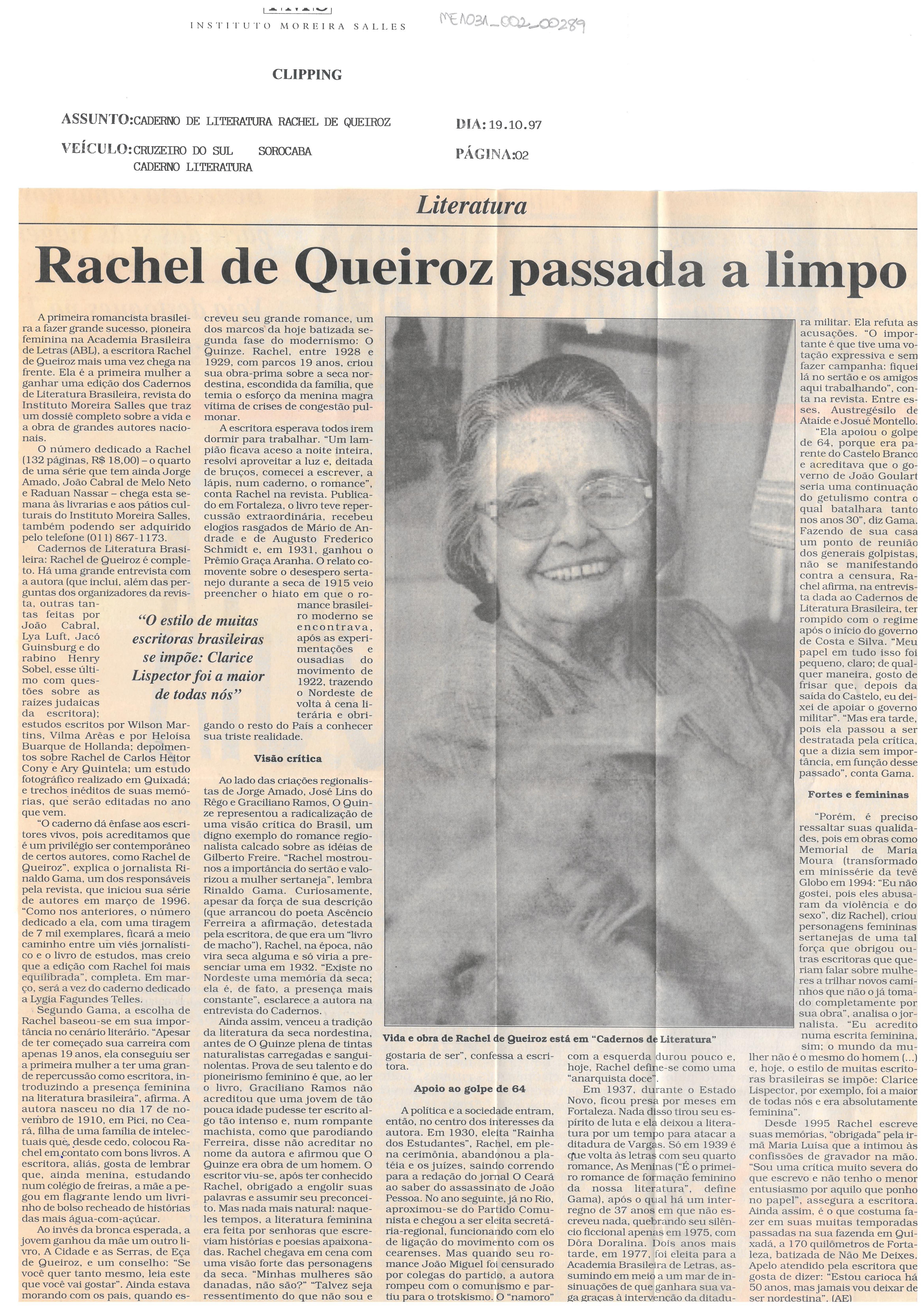 Raquel de Queiroz passada a limpo