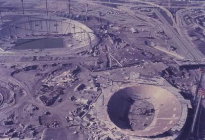 Construção do Parque Olímpico de Munique, vista da Torre Olímpica