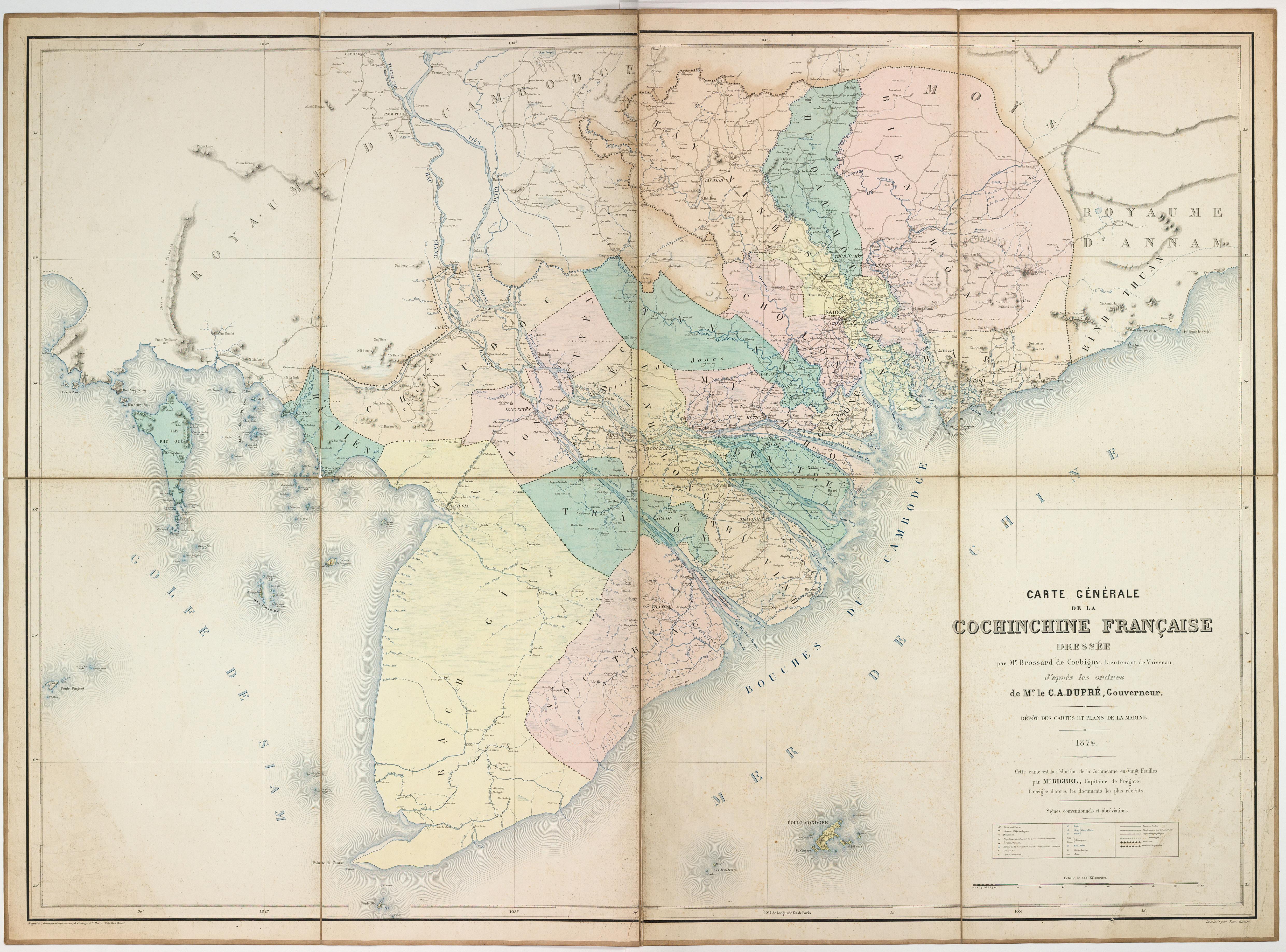 Carte Générale de la Cochinchine Française dressée par Mr. Brossard de Corbigny, Lieutenant de Vaisseau, d'aprés les ordres de Mr. le C.A. Dupré, Gouverneur