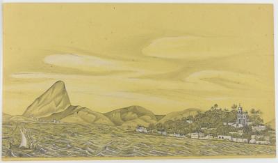 [Morro e Igreja da Glória vistos do mar, com barco a vela em primeiro plano e o Pão-de Açúcar como fundo]