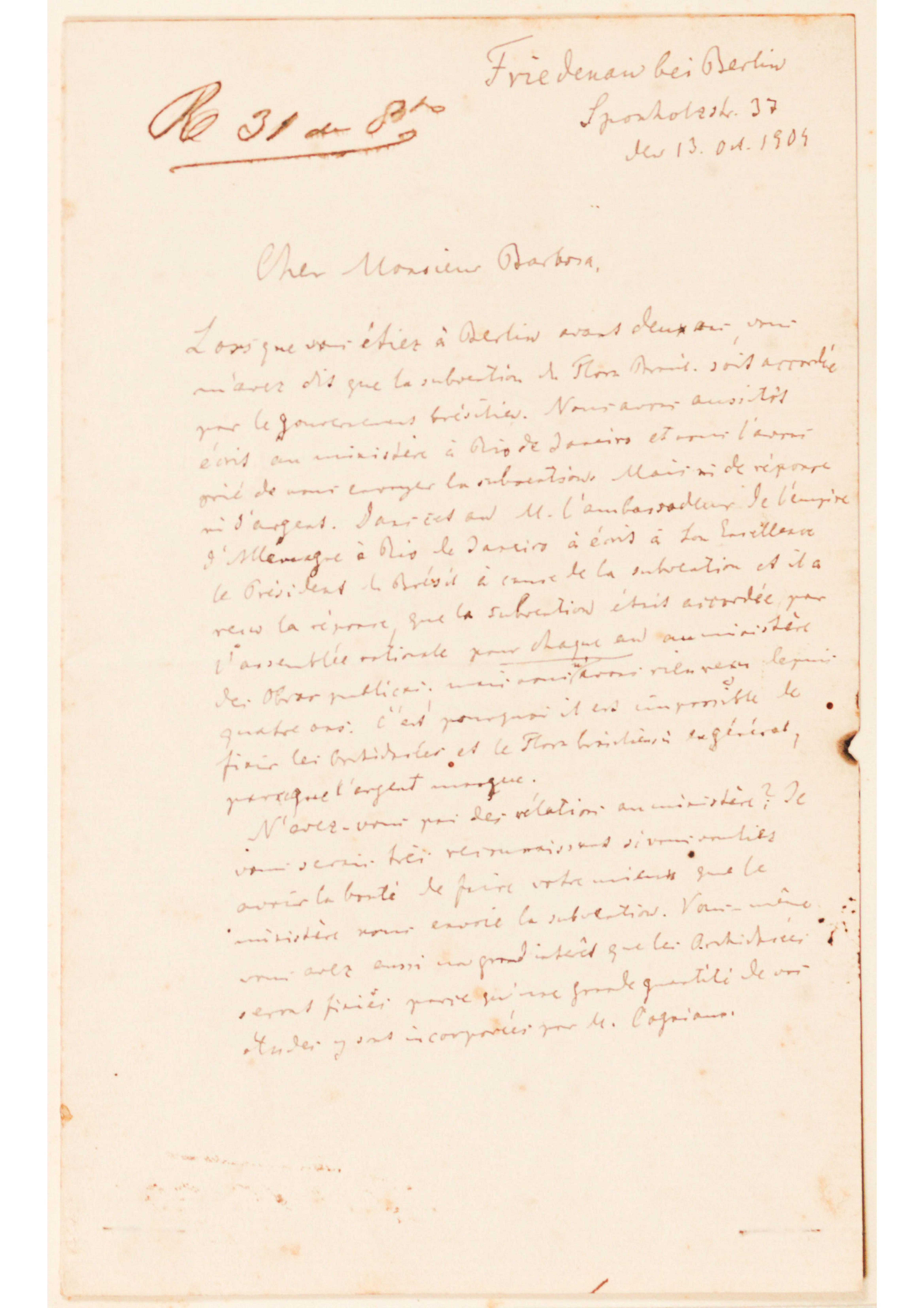 [Carta de Ignatz Urban a João Barbosa Rodrigues]