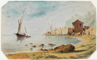 [Marinha com barcos a vela e construções na praia]