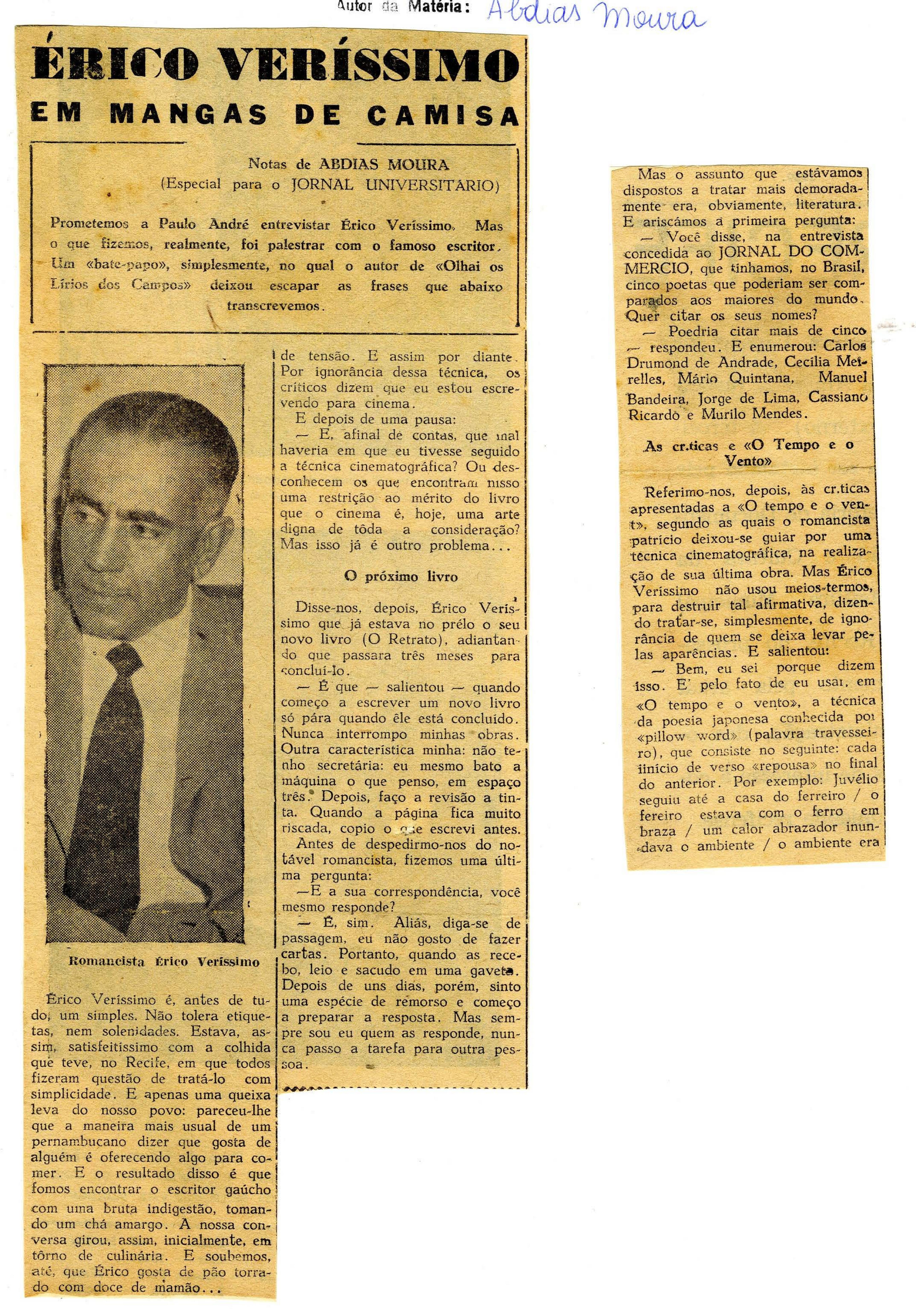 Erico Verissimo em manga de camisa