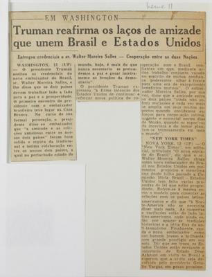 Truman reafirma os laços de amizade que unem Brasil e Estados Unidos 
