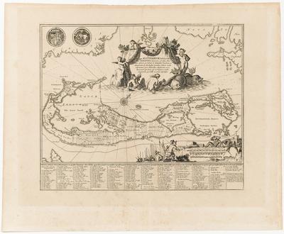 Mappas Aestivarum Insularum alias Barmudas  dictarum, ad Ostia Mexi cani aestuarÿ jacentium in latitudine Graduum 32 Minutorum 25 Ab Anglia, Londino Scilicet versus Libonotum 3300 miliaribus Anglicanis, et a  Roanoack (qui locus est in Virginia) versus Euronotum 500 mill accurate descripta