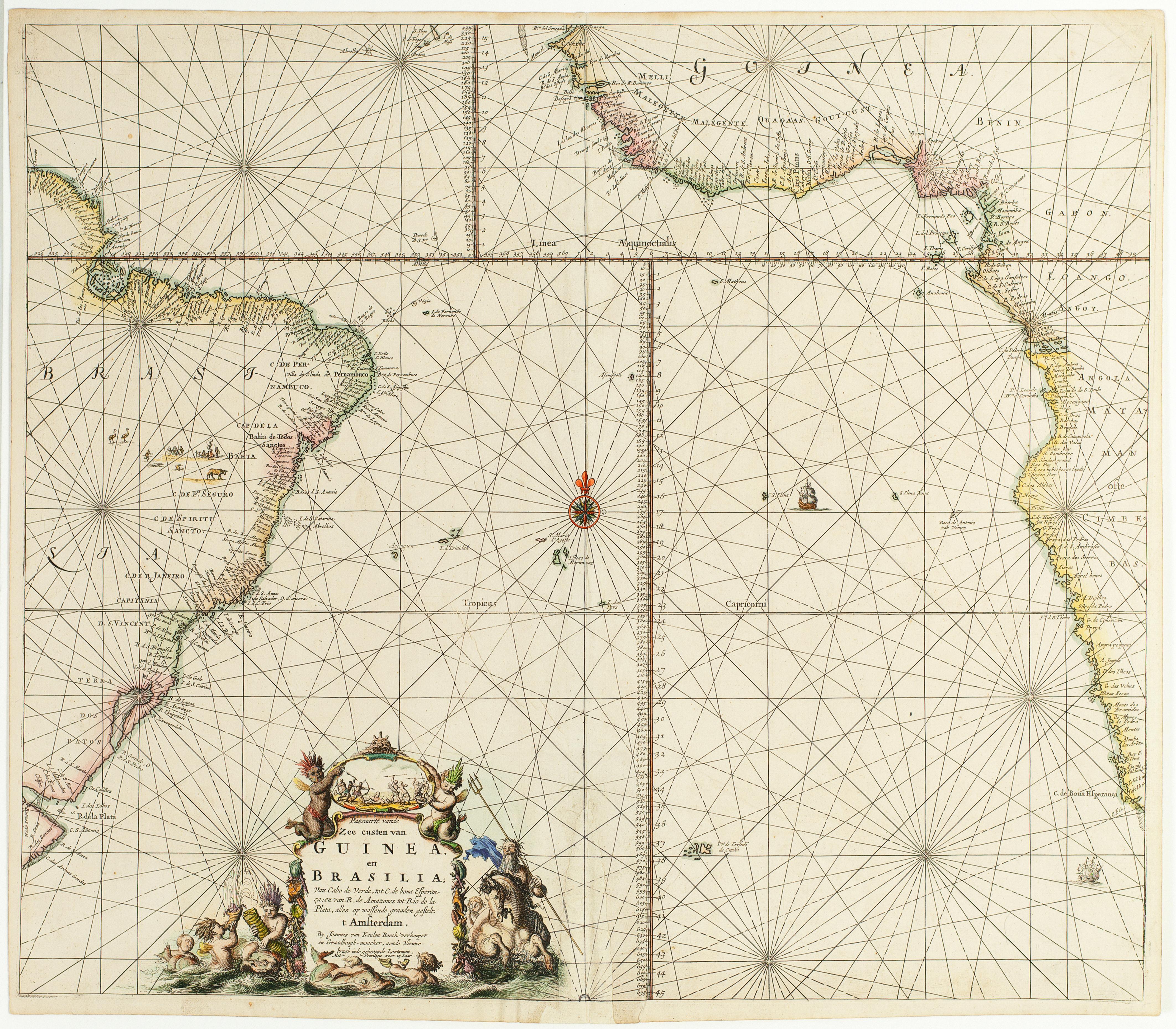 Pascaarte vande Zee custen van Guinea, en Brasilia; Van Cabo de Verde, tot C. de bona Esperança; en van R. de Amazones tot Rio de la Plata, alles op wassende graaden gestelt. t Amsterdam, By Johannes van Keulen Boeck-verkooper en Graadboogh-maacker, aende Nieuwebrugh inde gekroonde Lootsman. Met Privilegie voor 15 Jaar