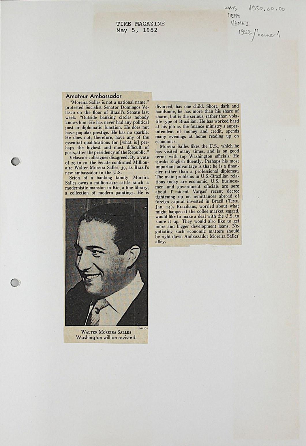 Nota sobre as críticas do senador Domingos Velasco a Walther Moreira Salles