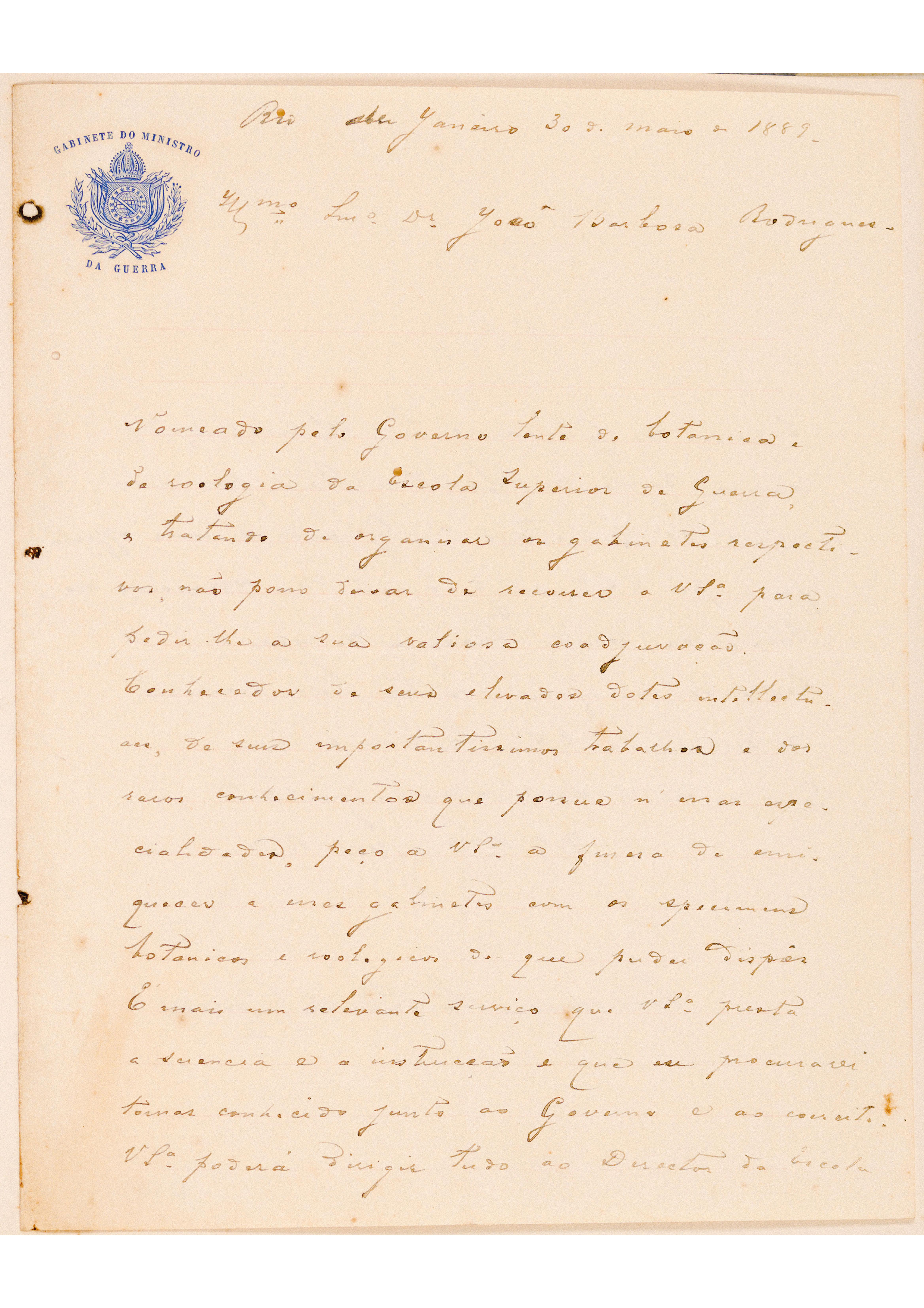 [Carta de Innocencio Serradelho Gouvêa a João Barbosa Rodrigues, escrita do Rio de Janeiro em 30 de maio de 1889]