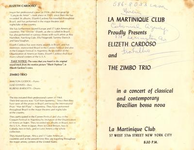 La Martinique Club proudly presents Elizeth Cardoso and The Zimbo Trio