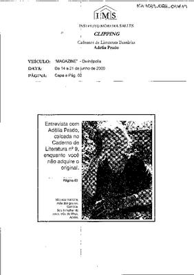 Entrevista com Adélia Prado calcada no Caderno de Literatura nº9, enquan-;to você não adquire o original
