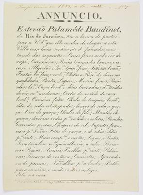 Poligrafia: Anúncio de estabelecimento comercial de Estevão Palaméde Baudinot, no Rio de Janeiro.