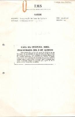 Casa da Cultura será inaugurada dia 8 de agosto