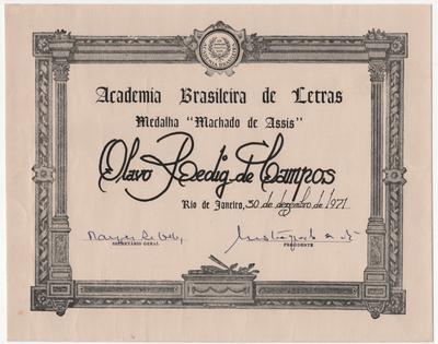 Diploma da Medalha Machado de Assis