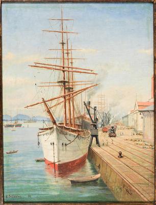[Cais do porto de Santos, com navio a vela e outros navios]