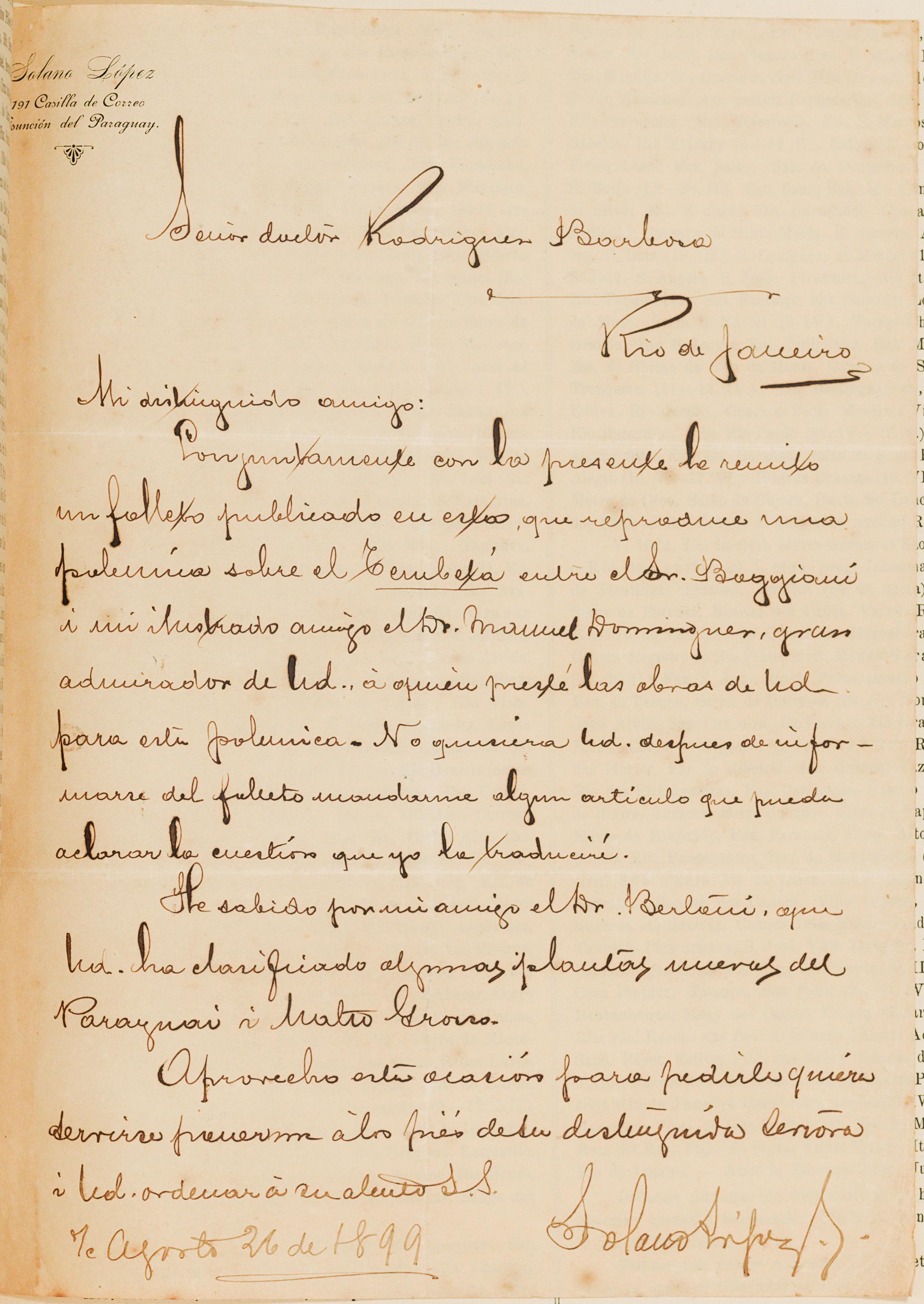 [Carta de Solano López a João Barbosa Rodrigues, escrita em 26 de agosto de 1899]