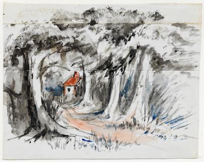 [Paisagem européia com casa nos fundos]