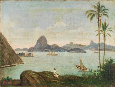 [Vista tomada de Icaraí sobre a baía da Guanabara, com um navio entrando na barra]