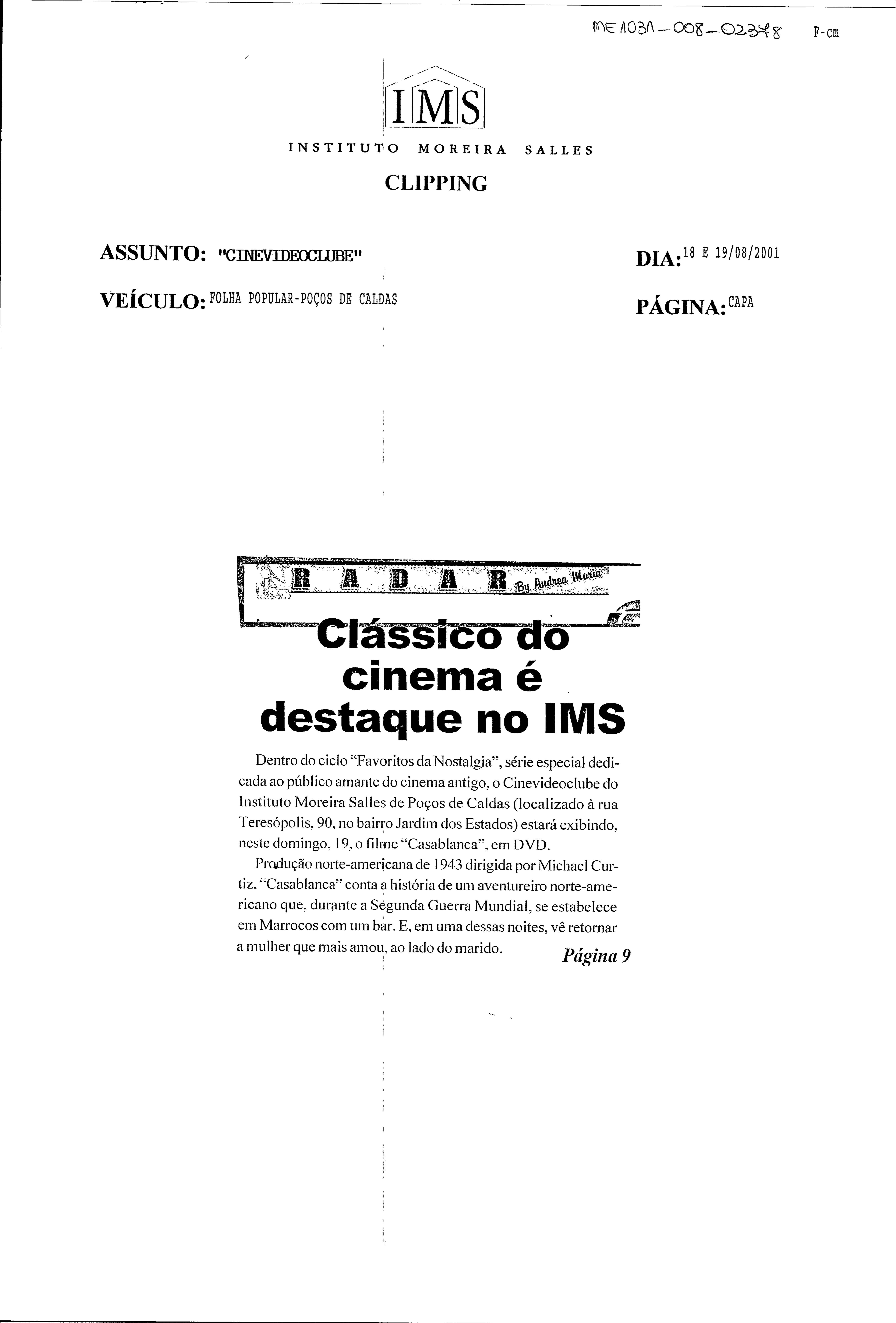 Clássico do cinema é destaque hoje no IMS