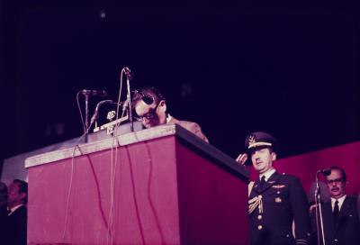 Pronunciamento do presidente chileno Salvador Allende, deposto dois anos depois por um golpe militar, e Sanchez Celedón, da Força Aérea do Chile