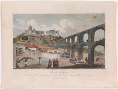 Rio-de-Janeiro. Part of the Aquaduct, with the Street called Mata Cavalos seen through one of the Arches: the building upon the Hill is the Nunnery of Sancta Thereza