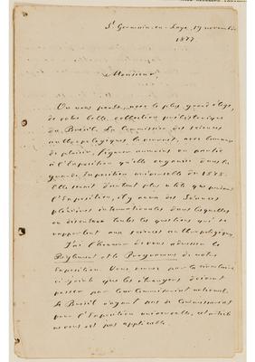 [Carta de G. de Montillet a João Barbosa Rodrigues [?], escrita de St. Germanin-em-Laye em 19 de novembro de 1877, acrescida de impressos da "Exposition Internationale de 1878, a Paris"]