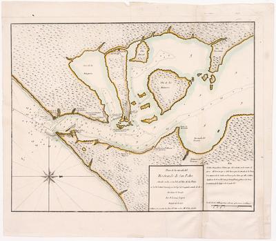 Plano de la entrada del Rio Grande de San Pedro, situado en la costa N.E. del Rio de la Plata: en 32º de Latitud Austral y en 325º45' de Longitud, contada desde el Meridiano de Tenerife