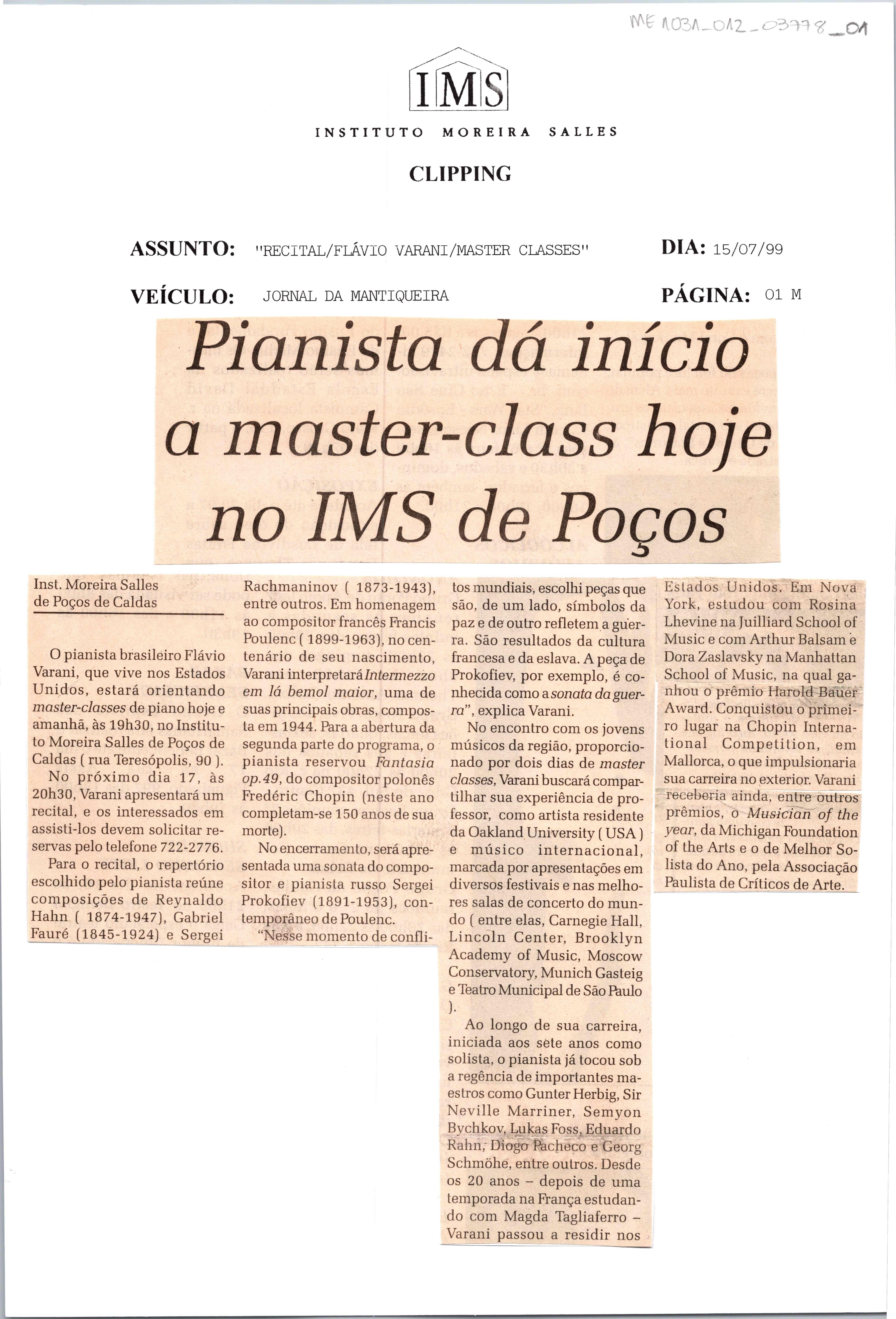 Pianista dá início a master-class hoje no IMS de Poços