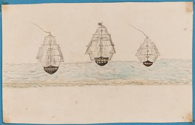 [Três fragatas vistas de frente, em alto-mar]