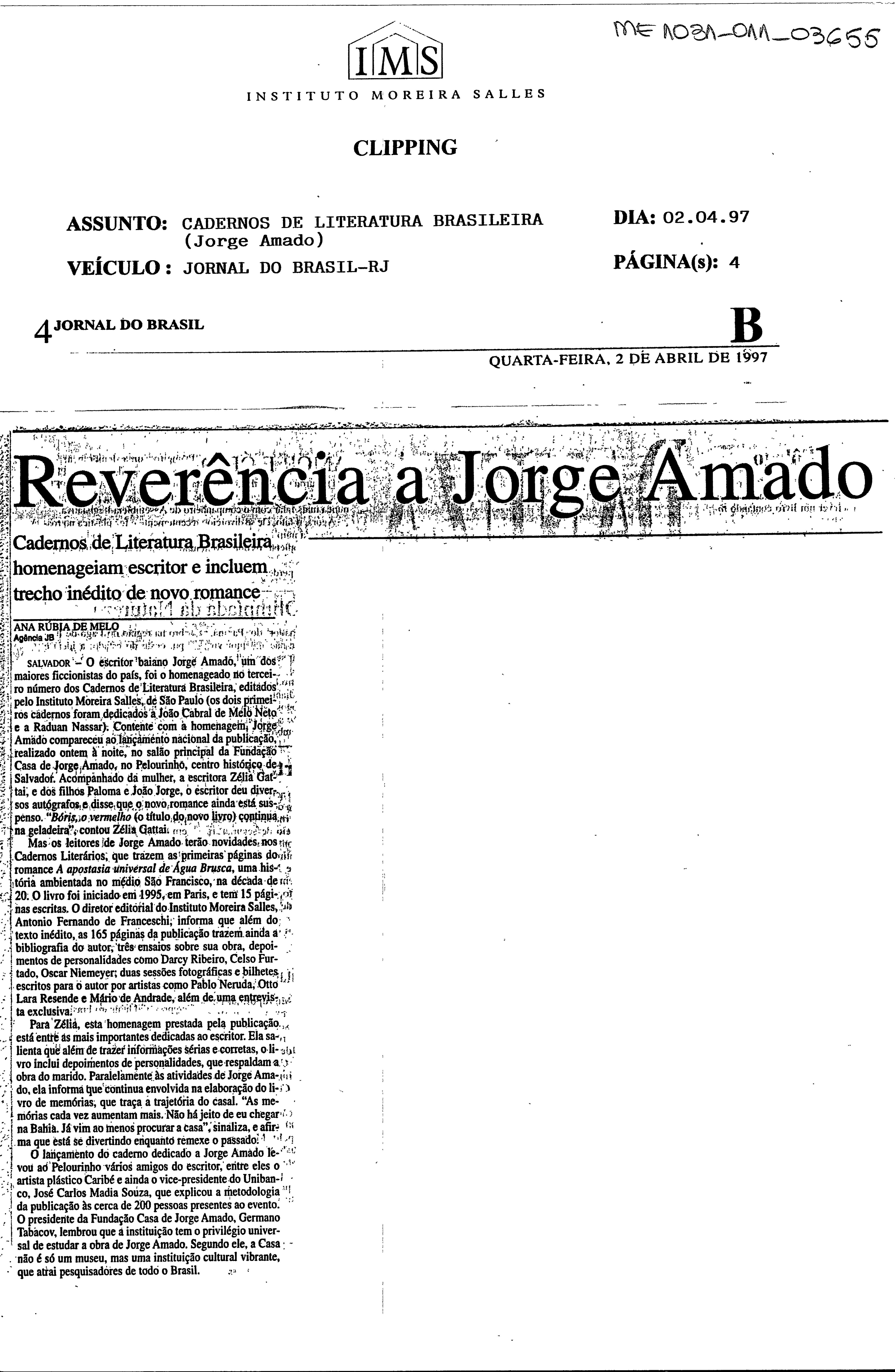 Reverência a Jorge Amado: Cadernos de Literatura Brasileira homenageiam ;escritor e incluem trecho inédito de novo romance