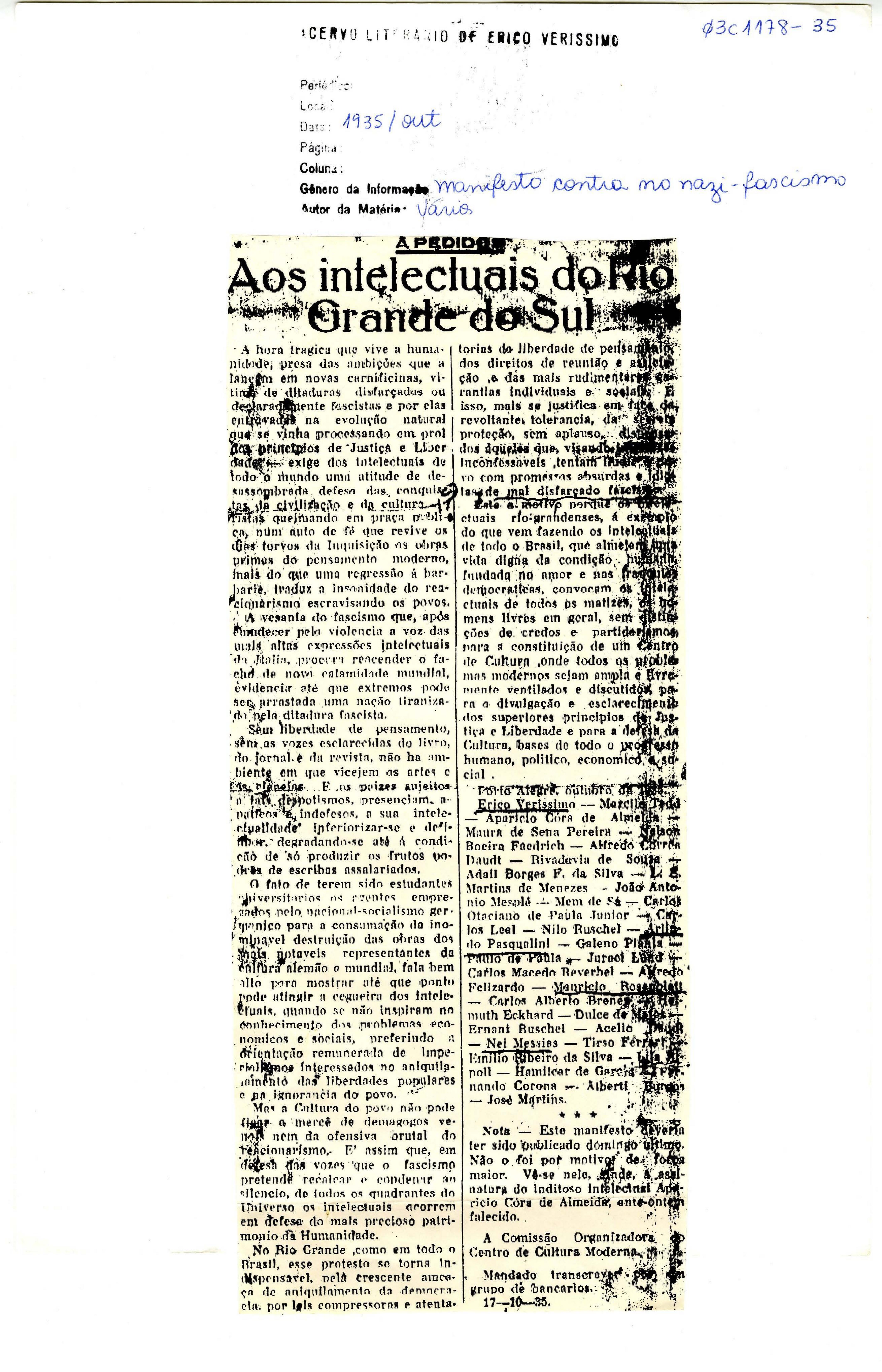 Aos intelectuais do Rio Grande do Sul