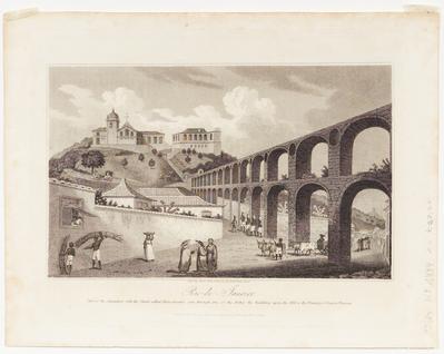 Rio-de-Janeiro. Part of the Aquaduct, with the Street called Mata Cavalos seen through one of the Arches: the building upon the Hill is the Nunnery of Sancta Thereza