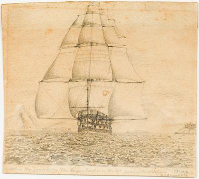 Leaving Rio gracefully. The Sugar Loaf is on the left forming the entrance. H.M.S. Ganges