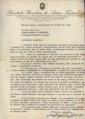 Carta a Djalma Bittencourt com orientações após seu falecimento.