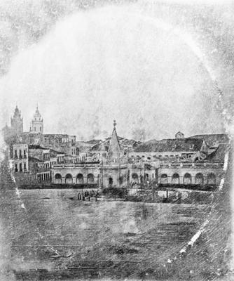 Daguerreótipo do Chafariz do Mestre Valentim e fachada do Mercado do Peixe., ao fundo, as torres da igreja da Candelária (Reprodução)