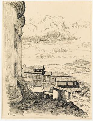 [Vista sobre a lateral da Igreja do Rosário e casario em Ouro Preto; no fundo, o Itacolomi]