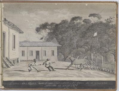 O adomador lacou um burro na carreira, e o outro camarada o ajuda à segurar o laco