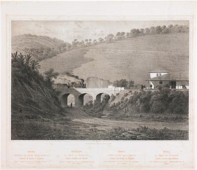 Brasil. Estrada de Ferro de D. Pedro II. Estação do Rodeio e Viaducto sobre o "Ribeirão dos Macacos" Estação da Serra na 2ª Secção. Brasilien. D. Pedro II. Eisenbahn. Station Rodeio und Brücke über den "Ribeirão dos Macacos" Gebirgsstation auf der 2ten Section
Bresil. Chemin de Fer de D. Pedro II. Station du Rodeio et Viaduct sur le "Ribeirão dos Macacos" Station de la Montagne a la 2me Section.
Brasil. D. Pedro II. Railroad. Rodeio Station and Viaduct over "Ribeirão dos Macacos" Mountainstation on 2nd Section