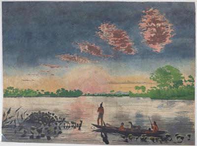 Canoa de indígenas, ao pôr do sol