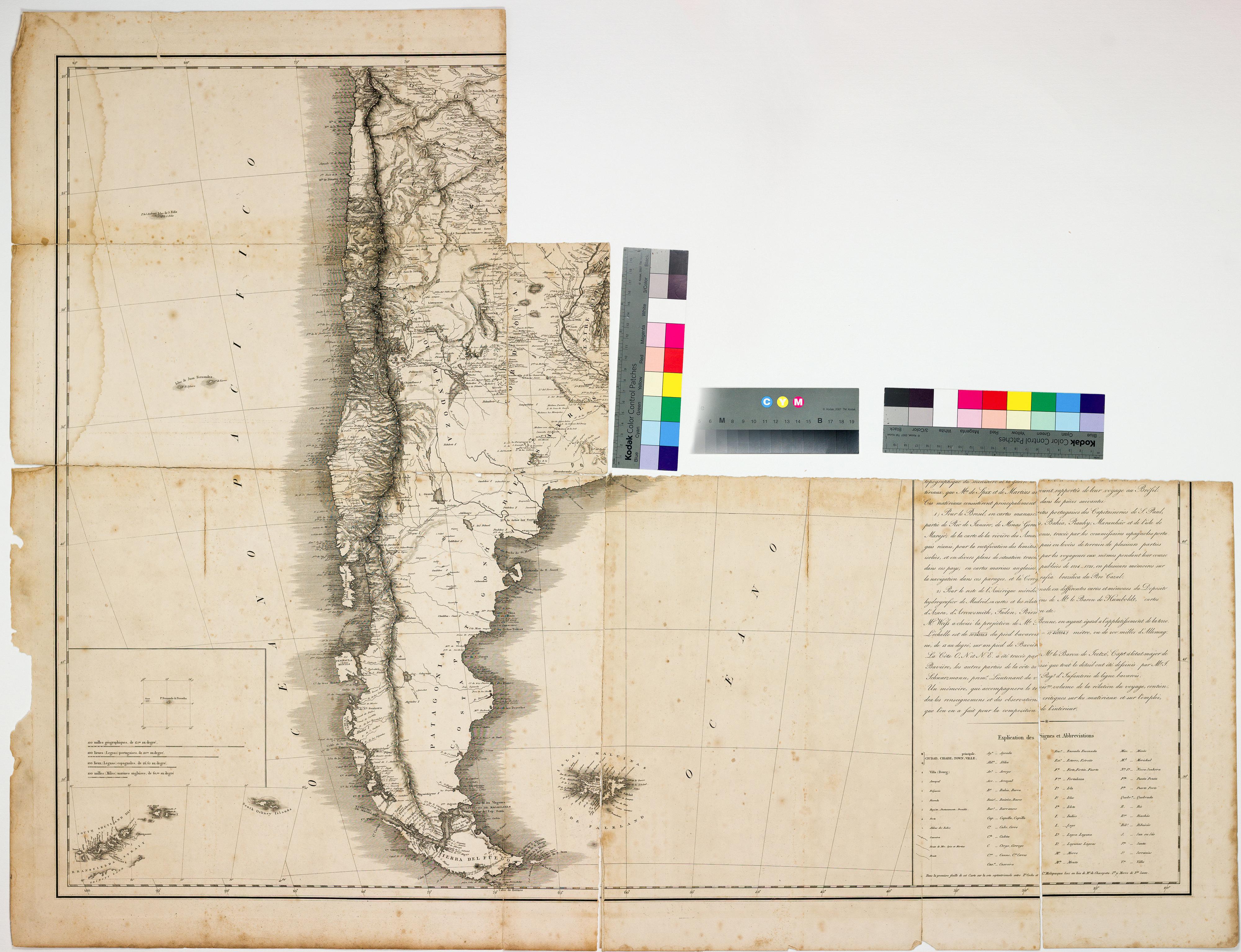 Fragmentos da segunda folha do "General-Charte von Süd-America. Carte générale de L'Amérique Méridionale en deux grandes feuilles, D'Après les observations et les cartes spéciales, rapportées du Voyage dans l'intérieur du Brésil pendant les années 1817-1820. ... Munich, 1825. Gestochen von Joh.Bapt. Seitz, Kupferstecher im topographischen Bureau des kön. baier. General-Quartiermeister Stabs."