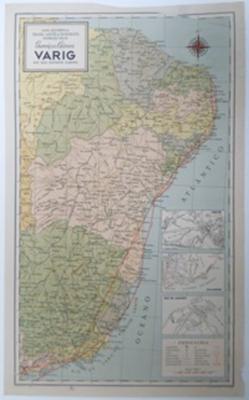 Mapa geográfico Brasil Leste e Nordeste oferecido pelos serviços aéreos Varig aos seus distintos clientes