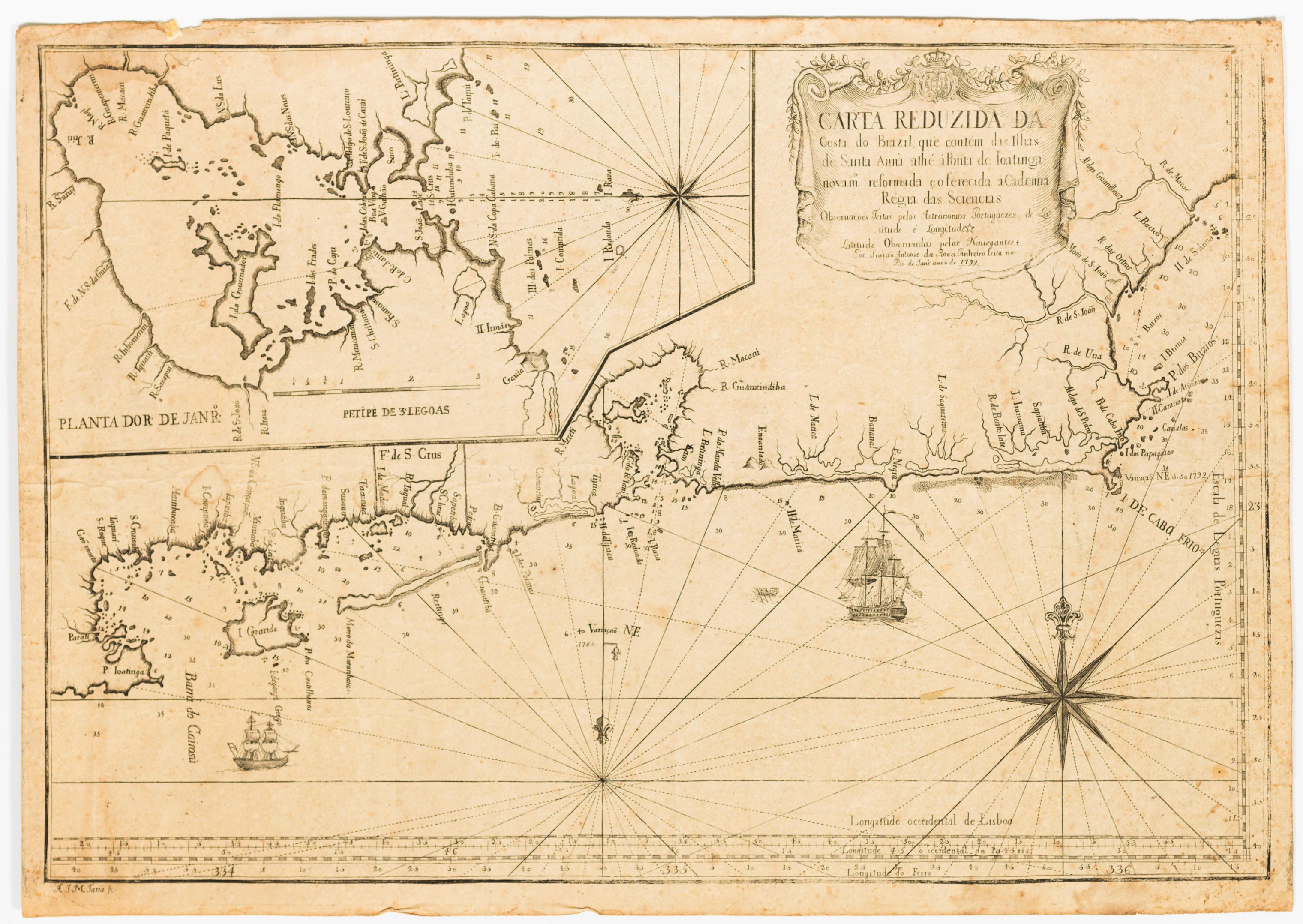 Carta Reduzida da Costa do Brazil, que contém das Ilhas de Santa Anna athé á Ponta de Ioatinga novam.te reformada e oferecida áCademia Régia das Sciencias
