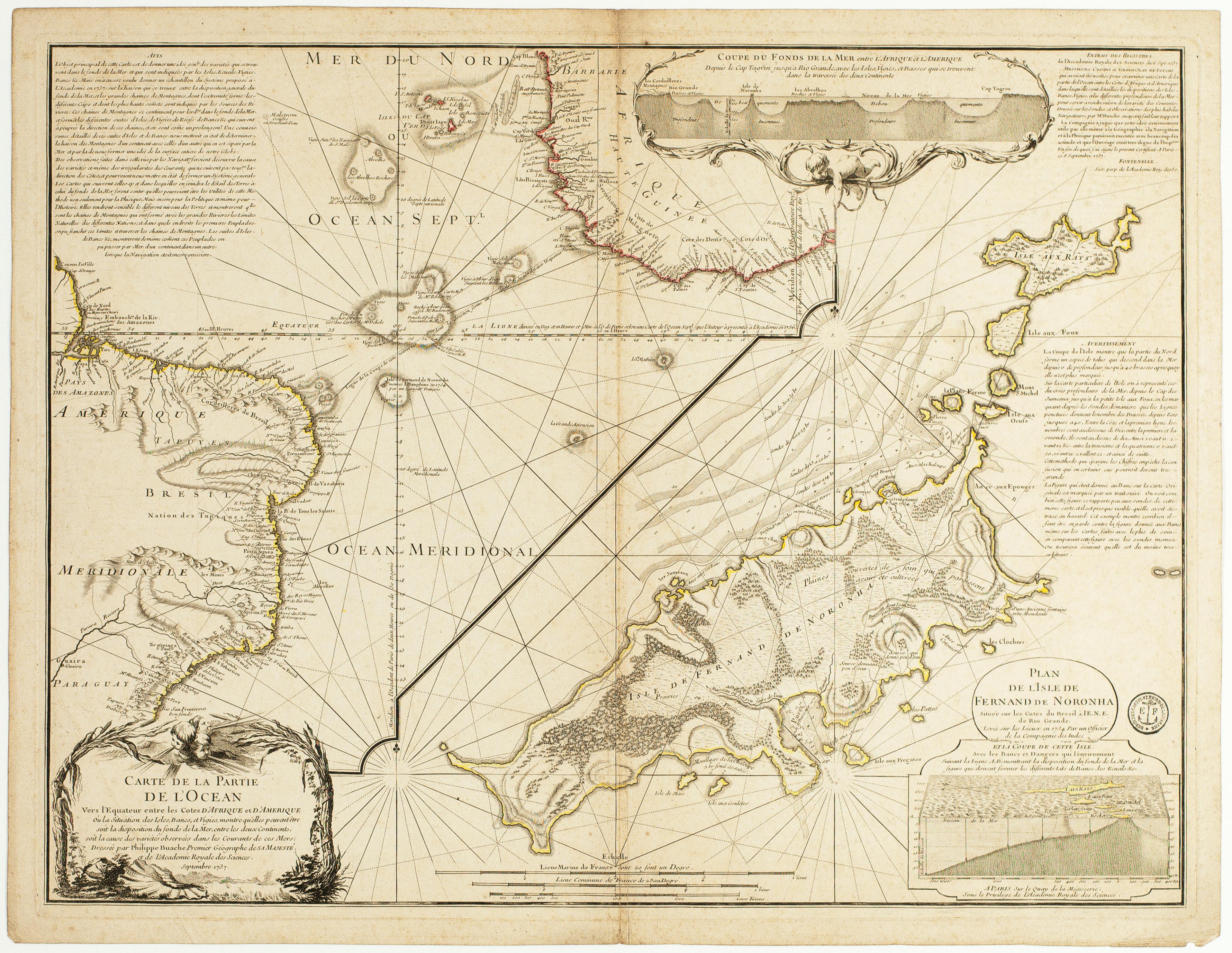 Carte de la Partie de l'Ocean Vers l'Equateur entre les Cotes D'Afrique et D'Amerique Où la Situátion des Isles, Bancs, et Vigies, montrequ'elles peuvent être soit la disposition du fonds de la Mer, entre les deux Continents, soit la cause des varietés observées dans les Courants de ces Mers: Dressée par Philippe Buache Premier Géographe de La Majesté et de l'Academie Royale des Sciences Septembre 1737