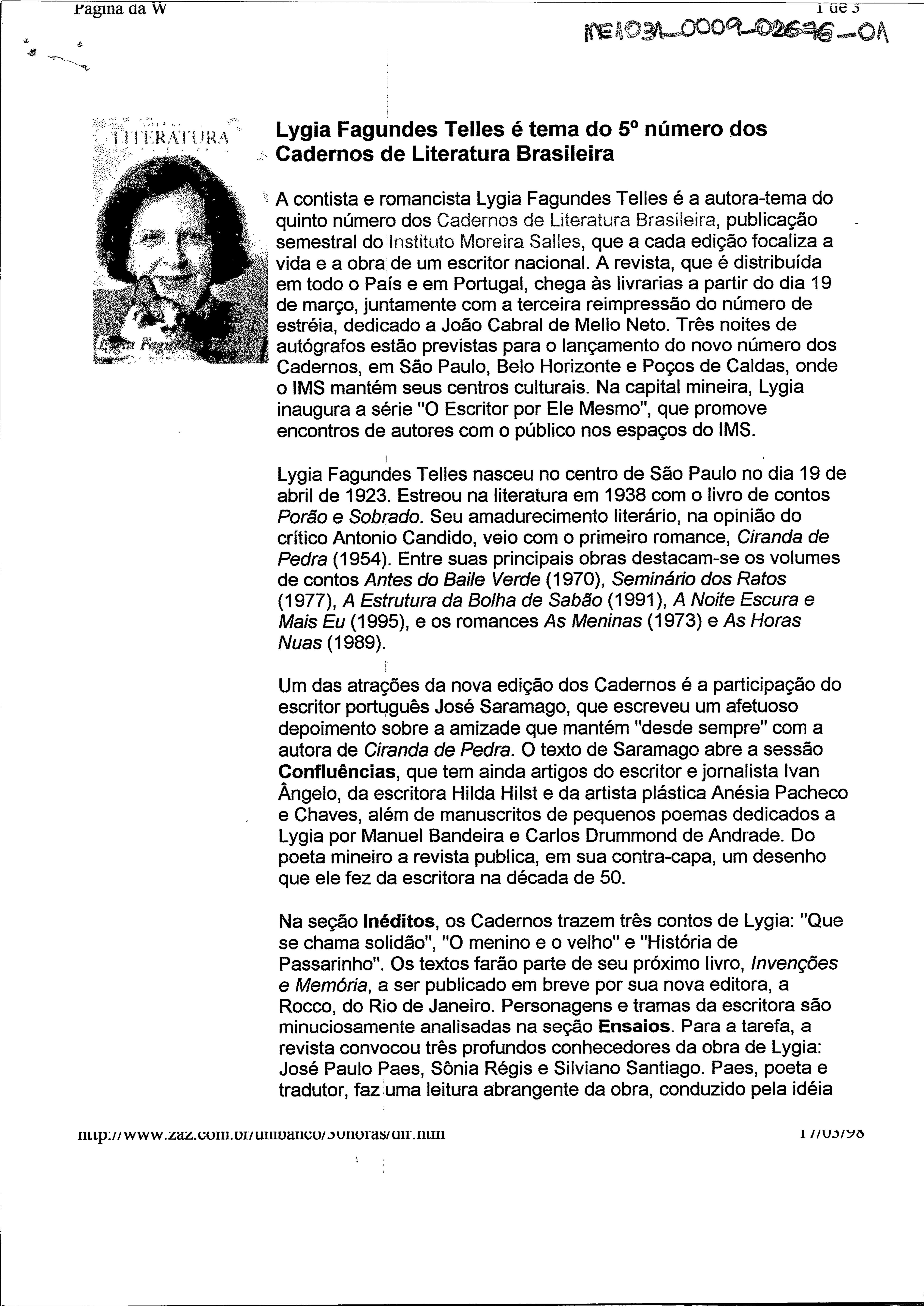 Lygia Fagundes Telles é tema do 5º número de ;Cadernos de Literatura Brasileira