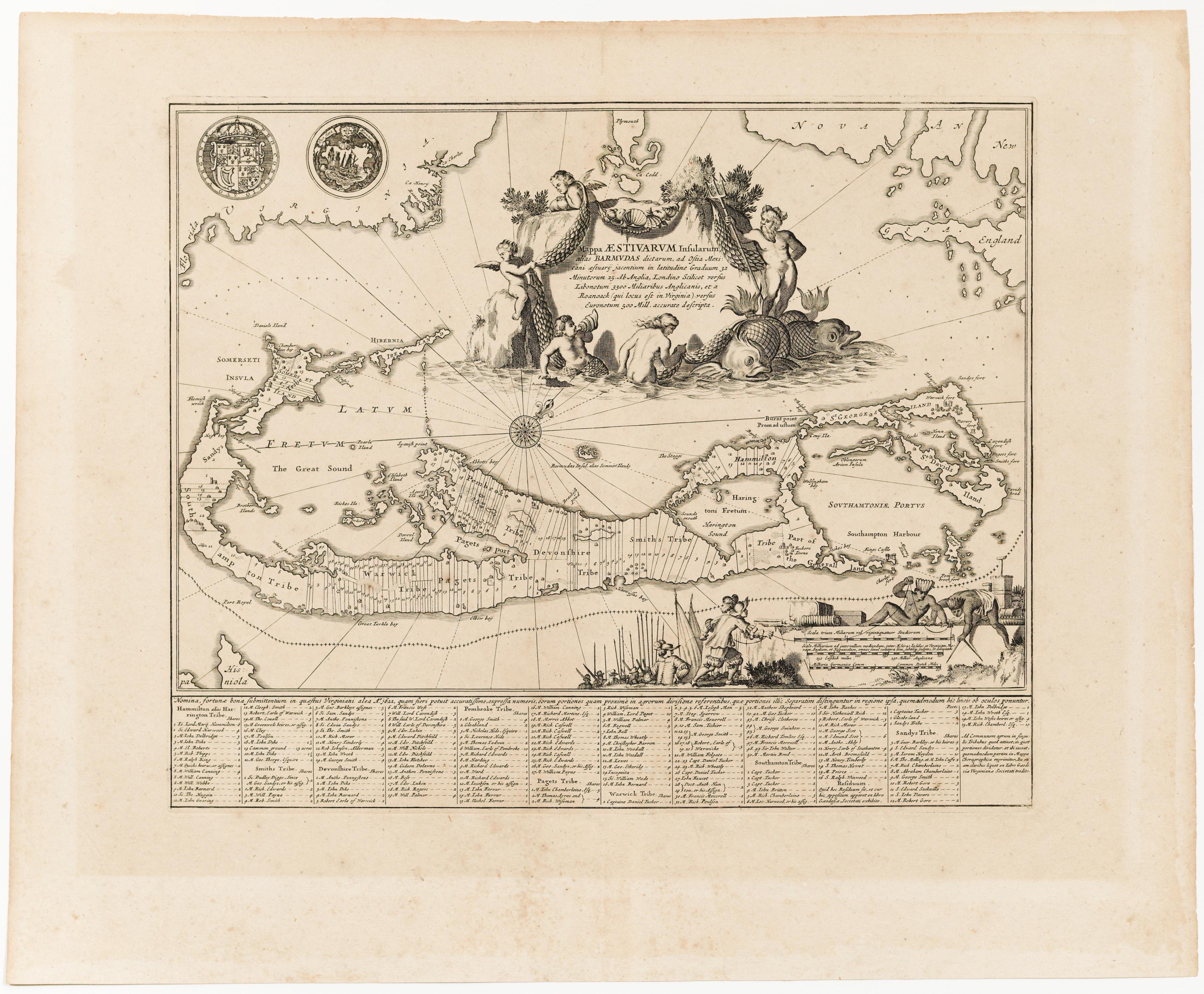 Mappas Aestivarum Insularum alias Barmudas  dictarum, ad Ostia Mexi cani aestuarÿ jacentium in latitudine Graduum 32 Minutorum 25 Ab Anglia, Londino Scilicet versus Libonotum 3300 miliaribus Anglicanis, et a  Roanoack (qui locus est in Virginia) versus Euronotum 500 mill accurate descripta