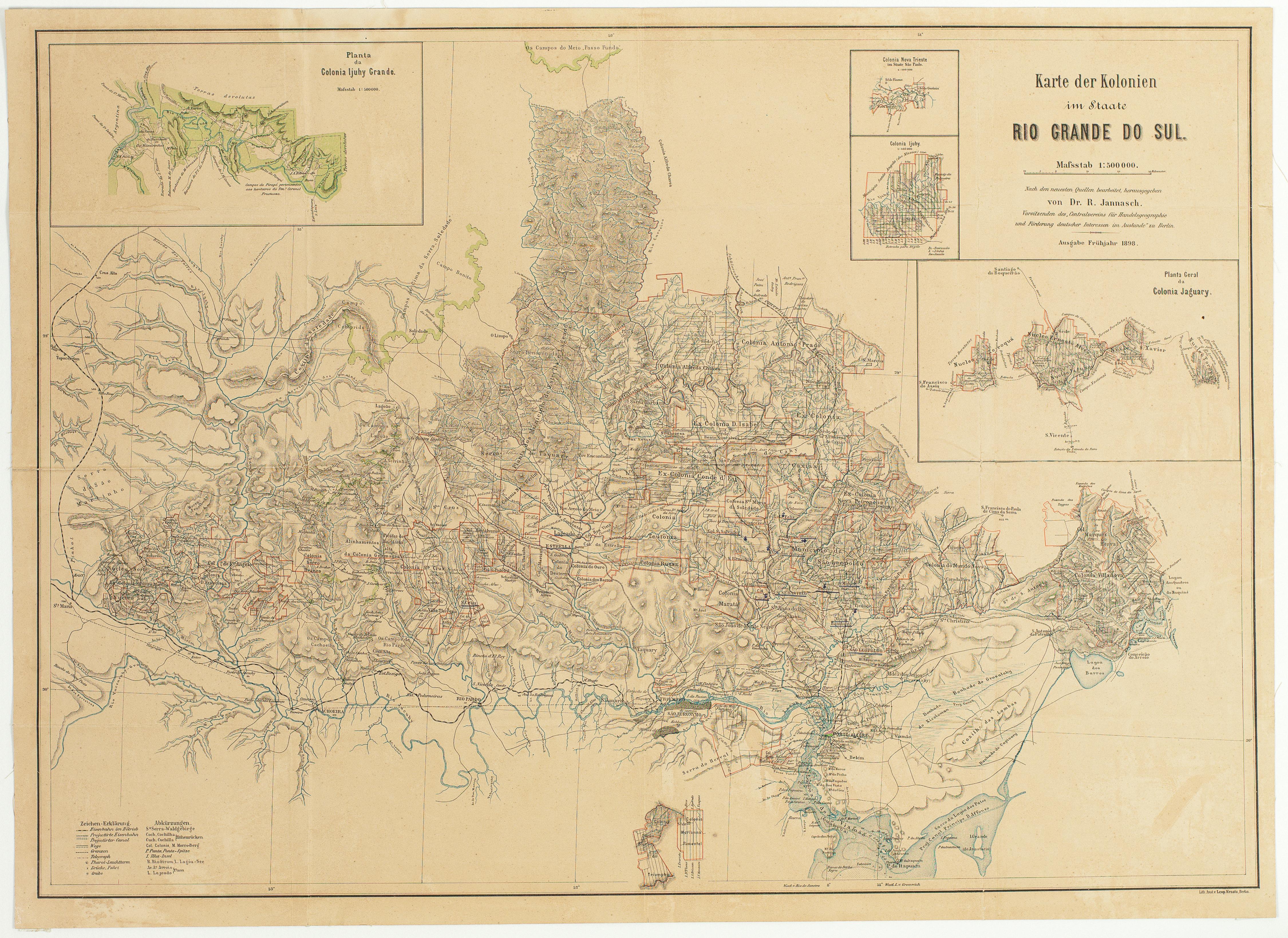 Karte der Kolonien im Staate Rio Grande do Sul. Nach den neuesten Quellen bearbeitet, heraugsgegeben von Dr. R. Jannasch. Vorsitzenden des Centralvereins für Handelsgeographie und Förderung deutscher Interessen im Auslande"  zu Berlin