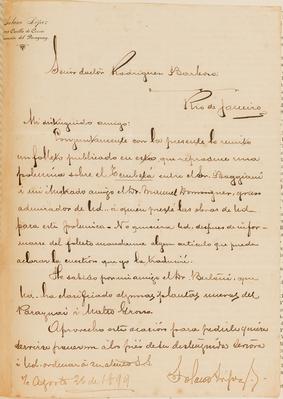 [Carta de Solano López a João Barbosa Rodrigues, escrita em 26 de agosto de 1899]