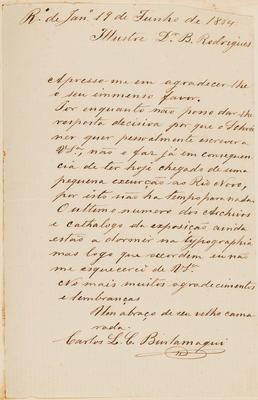 [Carta de Carlos L.C. Burlamaqui a João Barbosa Rodrigues, escrita em 19 de junho de 1884]